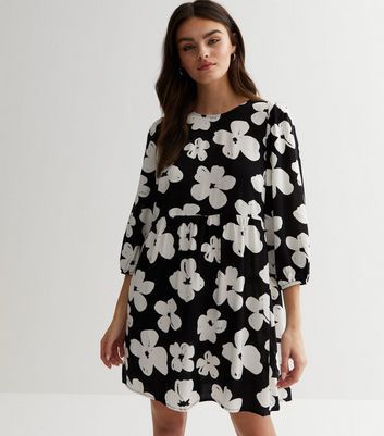 Black Floral Puff Sleeve Mini Smock Dress New Look