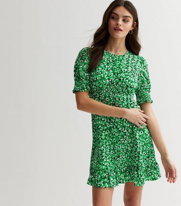 Green Animal Print Frill Shirred Mini Dress New Look