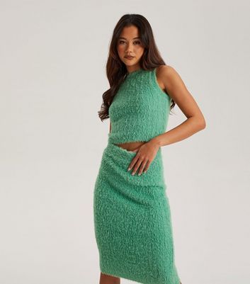 Light Green Fluffy Knit Midi Skirt New Look
