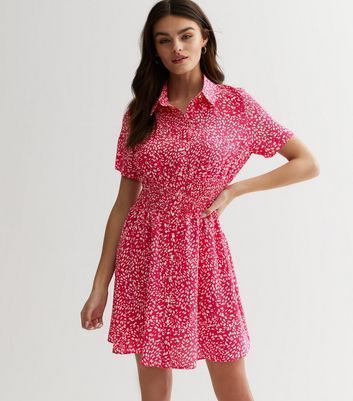 Pink Animal Print Shirred Mini Shirt Dress New Look
