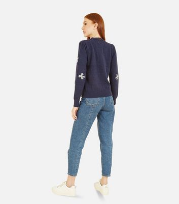 Navy Knit Sequin Embellished Bow Jumper New Look