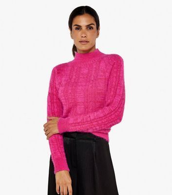 Bright Pink Fluffy Knit High Neck Jumper New Look