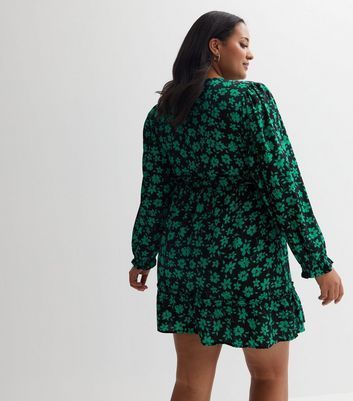 Green Floral Long Sleeve Frill Mini Dress New Look