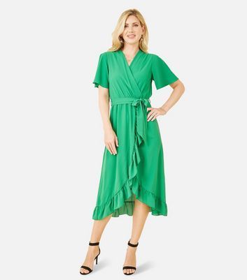 Green Frill Belted Midi Wrap Dress New Look