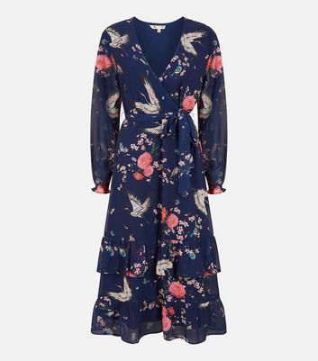 Navy Floral Bird Chiffon Tiered Midi Wrap Dress New Look
