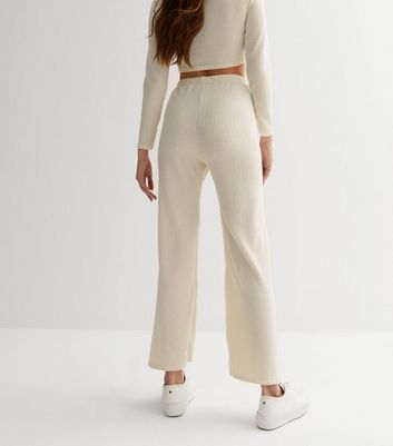 Off White Brushed Ribbed Flared Trousers New Look