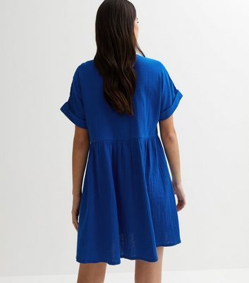 Blue Button Front Mini Smock Dress New Look
