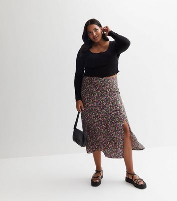 Black Ditsy Floral Split Hem Midi Skirt New Look