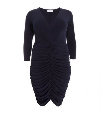 Curves Navy Ruched Midi Wrap Bodycon Dress New Look