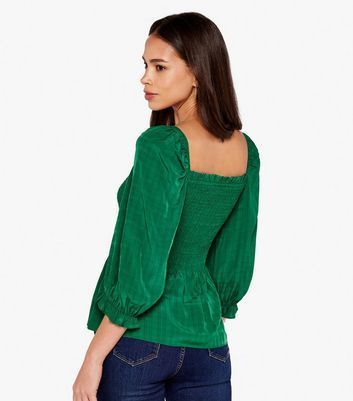 Dark Green Check Shirred Peplum Top New Look