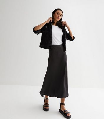 Black Satin High Waist Midi Skirt New Look