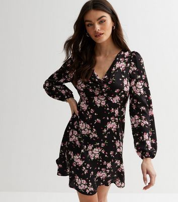 Black Floral Twist Puff Sleeve Mini Dress New Look