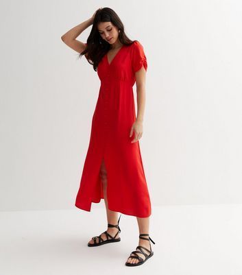 Red Ruched Puff Sleeve Button Front Midi Dress New Look