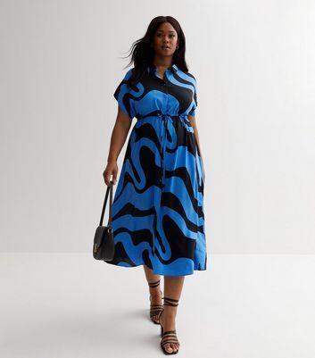 Curves Blue Doodle Print Tie Waist Midi Shirt Dress New Look