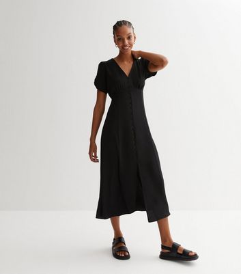 Black Button Front Puff Sleeve Midi Dress New Look