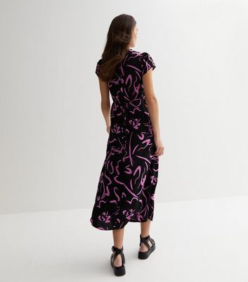 Black Doodle Print Knot Side Midi Dress New Look