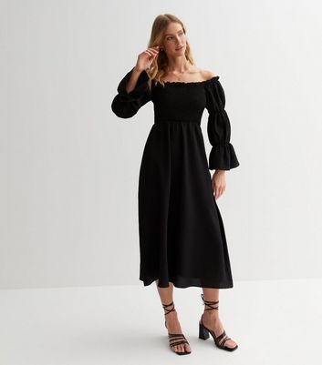 Black Shirred Frill Tiered Bardot Midi Dress New Look