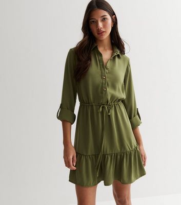 Green Drawstring Tiered Mini Shirt Dress New Look