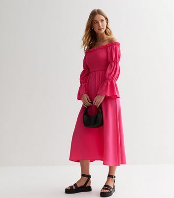 Mid Pink Shirred Frill Tiered Bardot Midi Dress New Look