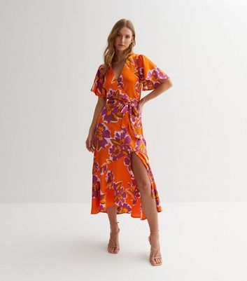 Orange Floral Belted Midi Wrap Dress New Look