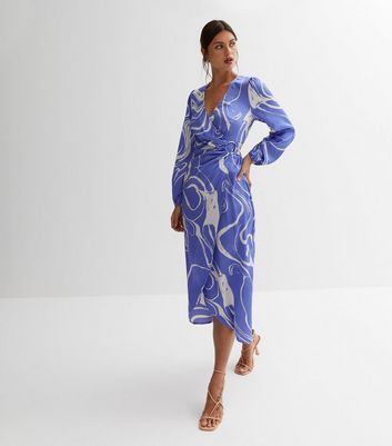 Blue Abstract Satin Midi Wrap Dress New Look