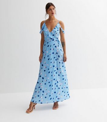 Blue Polka Dot Frill Maxi Wrap Dress New Look
