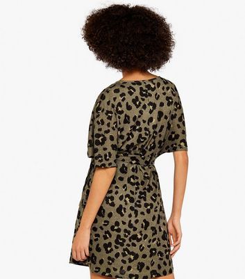 Olive Leopard Print Belted Mini Dress New Look