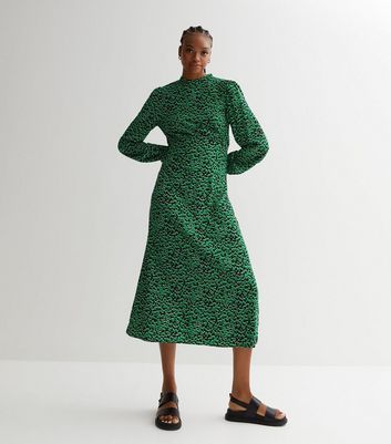 Tall Green Abstract High Neck Puff Sleeve Midi Dress New Look