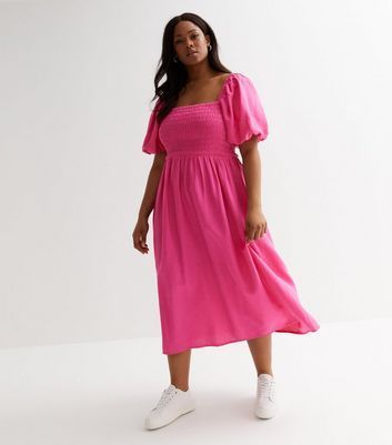 Curves Bright Pink Shirred Square Neck Midi Dress New Look