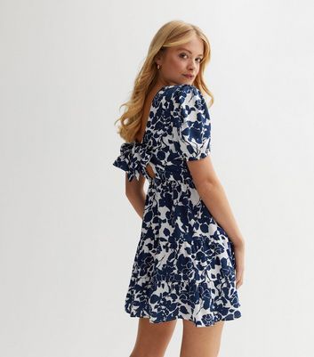 Navy Floral Tie Back Tiered Mini Dress New Look