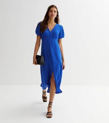 Blue Button Front Midi Dress New Look