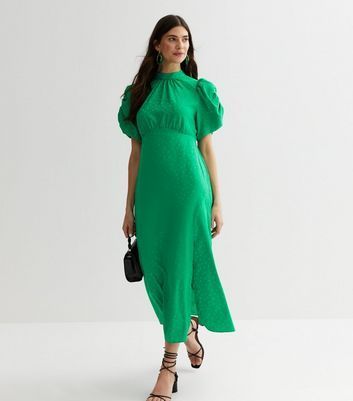 Green Jacquard Satin Puff Sleeve Midi Dress New Look