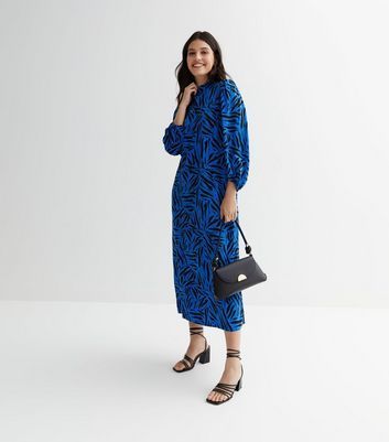 Blue Abstract High Neck Midi Dress New Look