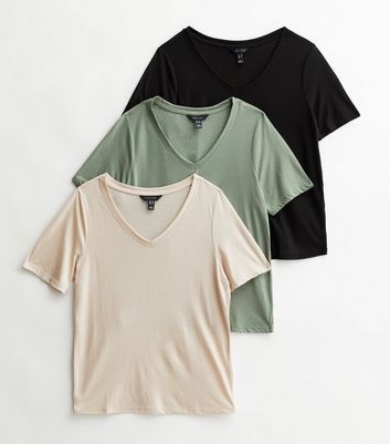 3 Pack Stone Green and Black V Neck T-Shirts New Look