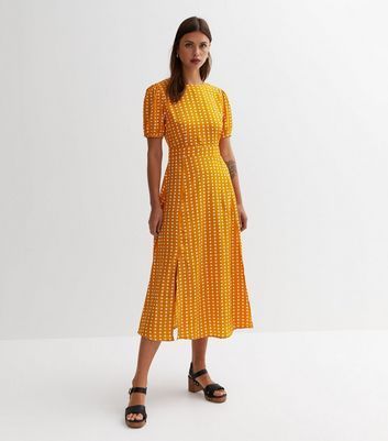Mustard Polka Dot Split Midi Dress New Look