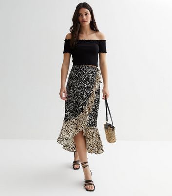 Black Animal Print Frill Wrap Midi Skirt New Look