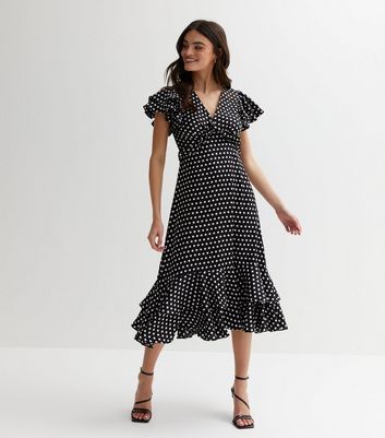 Black Polka Dot Frill Tiered Midi Dress New Look