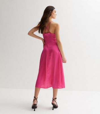 Deep Pink Satin Ruched Tie Front Midi Dress New Look