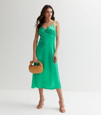 Green Satin Ruched Tie Front Midi Dress New Look