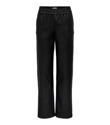 Black Coated Leather-Look Wide Leg Trousers New Look