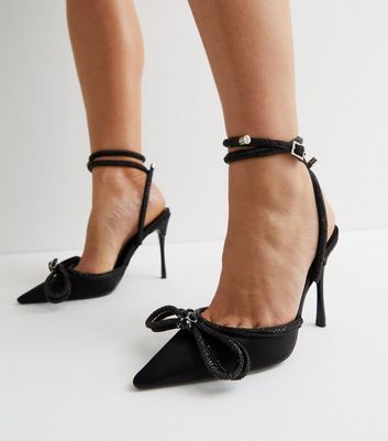 Black Suedette Bow Strappy Stiletto Heel Court Shoes New Look
