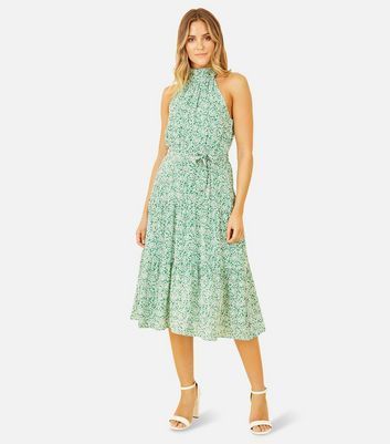 Green Ditsy Floral Belted Halter Midi Dress New Look