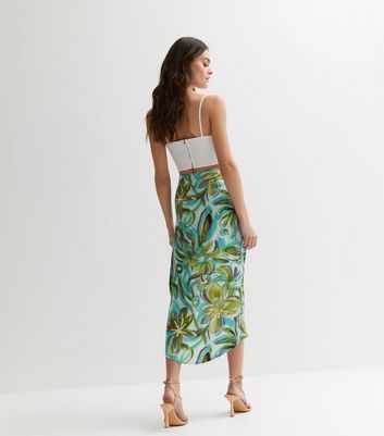 Green Tropical Ruched Split Midi Skirt New Look