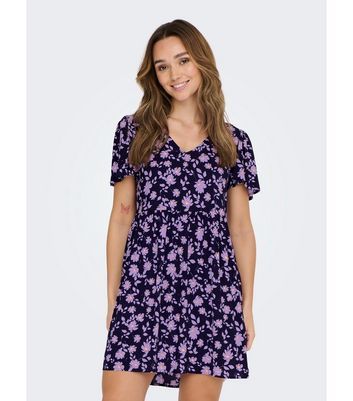 Blue Floral Short Sleeve Tiered Mini Dress New Look