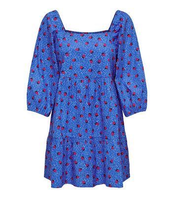 Blue Strawberry Spot Poplin Tiered Mini Dress New Look