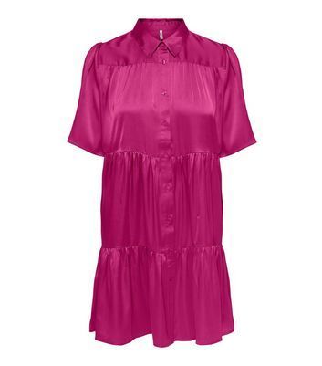 Bright Pink Satin Tiered Mini Shirt Dress New Look