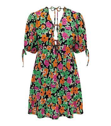 Multicoloured Floral Crinkle Tie Front Mini Dress New Look