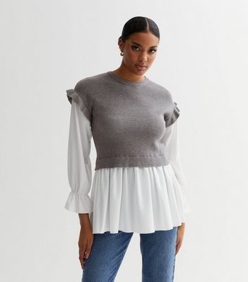 Pale Grey Knit Frill 2 in 1 Peplum Shirt New Look