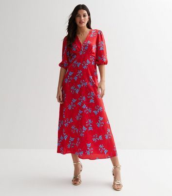 Red Floral V Neck Midi Dress New Look