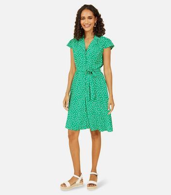 Green Ditsy Floral Belted Mini Shirt Dress New Look